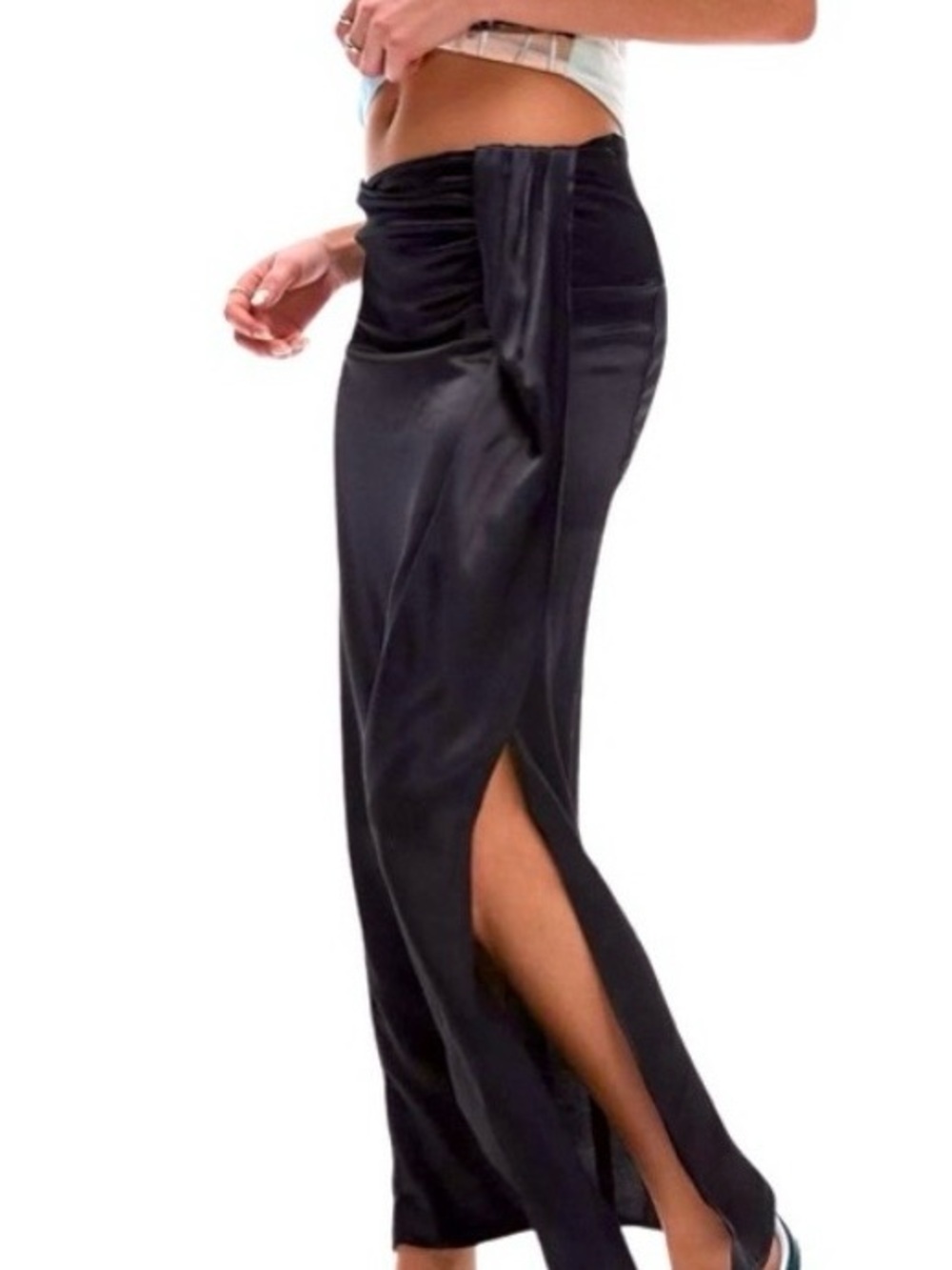 Topshop cupro tuck Satin Black High-Slit Maxi Skirt